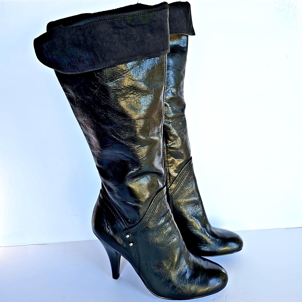 Nine West Womens Sexy Black Leather Heeled Boots‎ Sz 9M Cuff Top Half Zip 1709